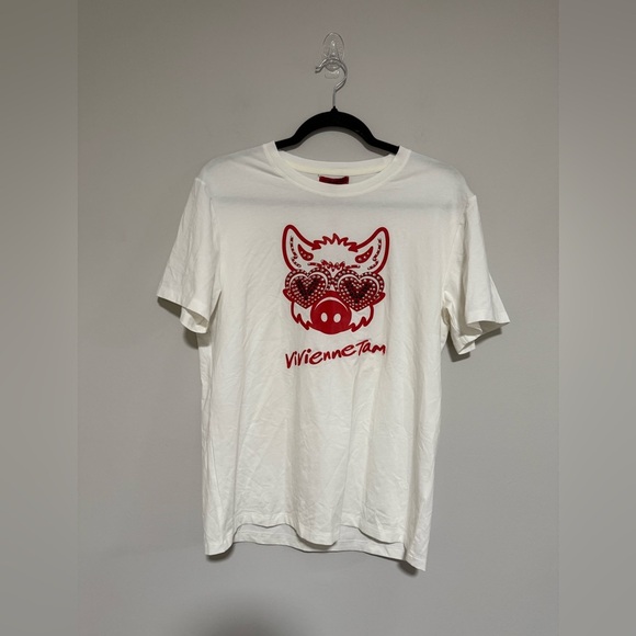 Vivienne Tam White Graphic Short Sleeve Tee Size Large Studded Embroidered Pig - Picture 1 of 11